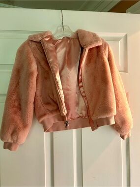 Hanna Andersson Girls Blush Pink Faux Fur Bomber Jacket size 10